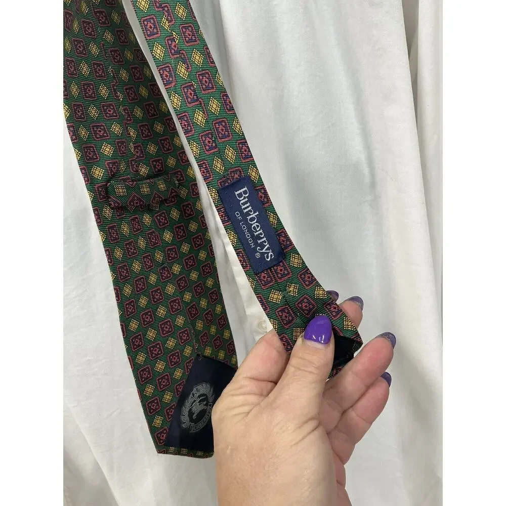 Vintage Burberrys Of‎ London Tie Silk Green Red Gold Geometric Print